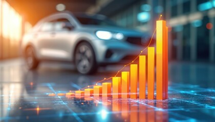 Silver car in background with rising orange bar graph overlay. Represents auto industry growth, market data analysis, financial trends, economic success. Digital grid lines suggest tech integration.