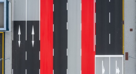 Aerial View Of Urban Roadways With Distinctive Markings And Color Coding System