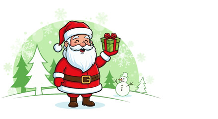 Cheerful Santa Claus holding a Christmas gift with winter decorations and a snowman in a festive scene