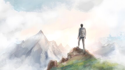 Inspiring mountain vista digital watercolor illustration of travel achievement and personal exploration