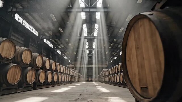 Sunbeams illuminate rows of aging oak barrels in a rustic distillery warehouse, a concept of time and tradition in spirit making