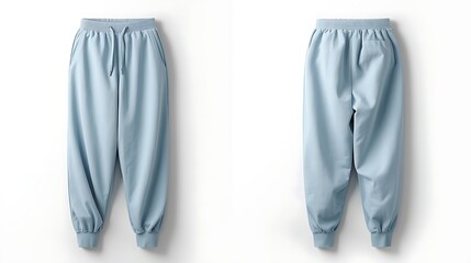 Light blue jogger pants with drawstring waistband and cuffed ankles