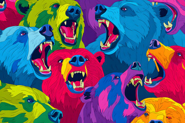 Colorful dancing bears in a playful and vibrant pattern design