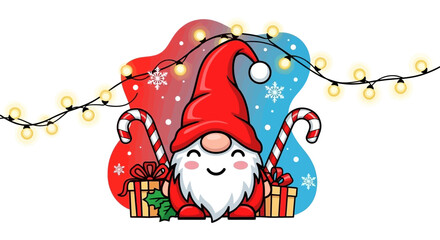 Festive Holiday Gnome with Candy Canes and Presents Cheerful Christmas Illustration