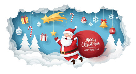 Festive Santa Illustration with Christmas Elements and Cloud Cutouts