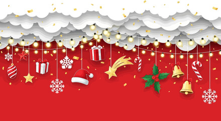 Festive Christmas Decorations Banner on Red Background with Clouds