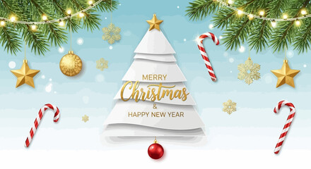 Christmas and Happy New Year Scene with White Paper Tree and Festive Ornaments