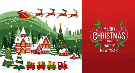 Festive Holiday Scene Christmas Village, Santa's Sleigh, and Winter Wonderland