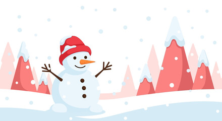 Cheerful Snowman in a Snowy Landscape Festive Winter Scene with Snow-Covered Mountains
