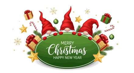Merry Christmas and Happy New Year Festive Gnome Holiday Celebration with Gifts and Decorations