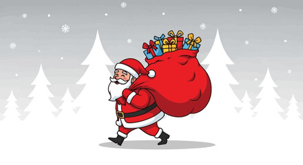 Santa Claus Carrying Gift Sack in Winter Woods Illustration