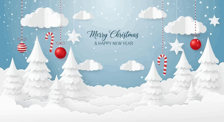 Festive Winter Wonderland Christmas Trees, Ornaments, and Paper Clouds Illustration