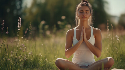 Peaceful young woman meditating in lotus pose with closed eyes and prayer hands amidst tall green grass and wildflowers in a sunny outdoor meadow concept of wellness and serenity