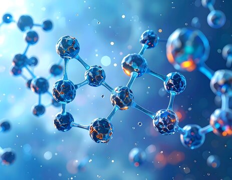 Close-up of glowing molecules interconnected in a scientific, futuristic style