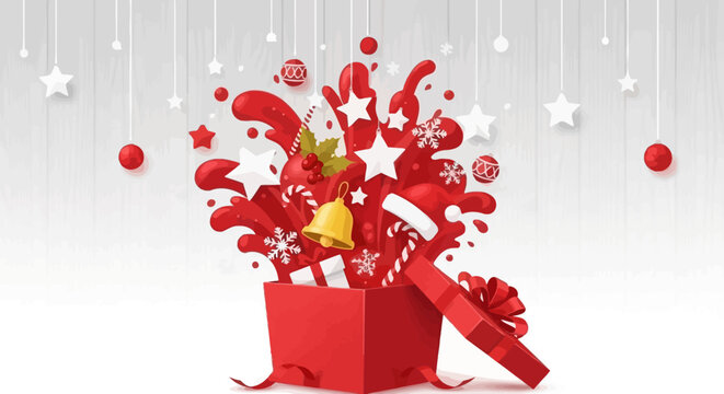 An open red gift box exploding with festive Christmas decorations and ornaments.
