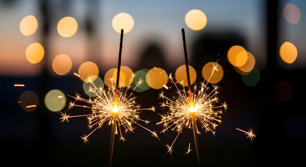 Bright sparklers illuminate the festive night with shimmering bokeh lights