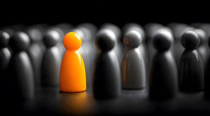 captivating visual metaphor for individuality, success, featuring single bright orange figure rising to become leader, standing out from the corporate gray crowd in neat rows on dark black background.