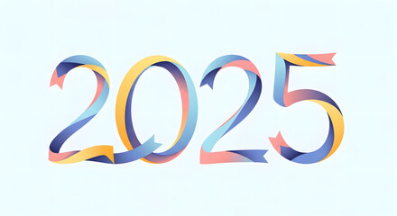 Stylized 2025 made from vibrant colorful flowing ribbons art