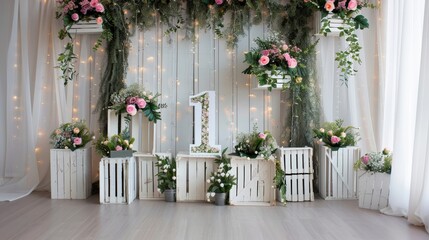 Elegant Floral Arrangement with Number One and Wooden Crates for 1th Birthday Party, Anniversary Celebrations.