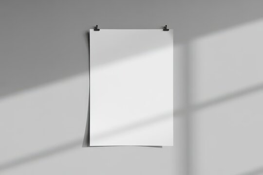 White paper poster mockup hanging on clips against wall background