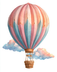 Obraz premium Soft watercolor hot air balloon in pastel pink and blue tones with fluffy clouds. Ideal for nursery decor, baby shower designs and whimsical art.