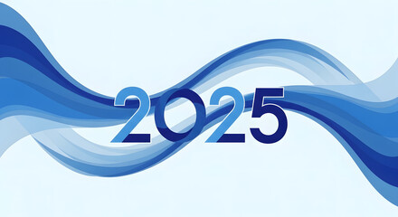 Dynamic 2025 text with flowing blue waves, modern abstract design