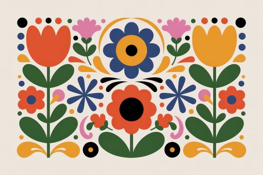 Colorful floral pattern with geometrical shapes on white background