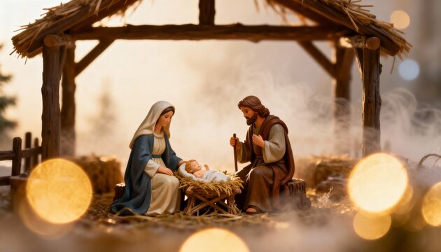 Nativity scene with the Holy Family and baby Jesus. Warm, serene Christmas depiction with soft glowing light, classic festive religious atmosphere.