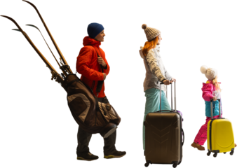 Family carrying skis and rolling suitcases while traveling in winter clothing on transparent background. Concept of ski tourism visuals, winter sport travel campaigns, and family mobility assets.