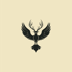 Obraz premium Unique and powerful logo design featuring a mythical creature a hybrid of an eagle or and a deer stag, showcasing a bird with large spread wings and imposing antlers