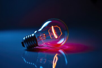 Incandescent light bulb glowing on dark background with reflections