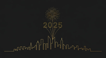 Golden city skyline 2025 new year celebration fireworks banner