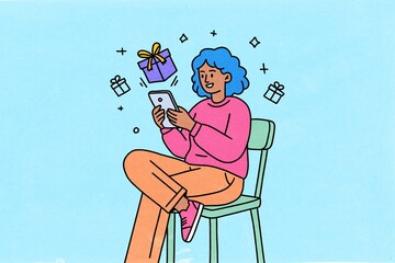 Joyful person receiving online gift on mobile device illustration