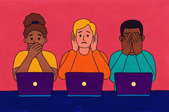 Colleagues expressing emotion and stress using laptops in colorful illustration