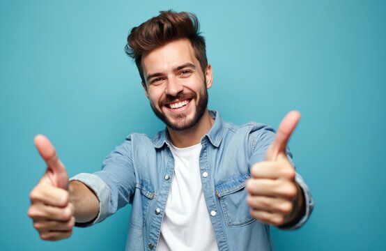 Young man smiles enthusiastically giving two thumbs up. Wears denim shirt over white t-shirt against vibrant blue background. Gesture expresses approval, positivity. Image conveys success, happiness.