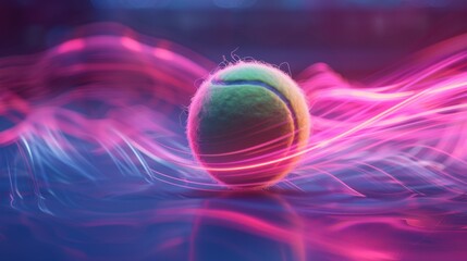 tennis ball mid-air with neon motion trail and light strea