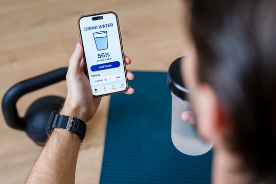 Man tracking hydration and fitness progress with workout app indoors