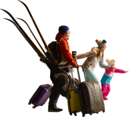 Skiing family walking forward with luggage and winter gear on transparent background. Concept of winter travel advertising, ski holiday promotions, and family tourism visuals
