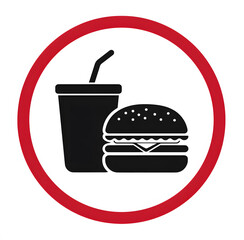 No food and drink sign vector icon on white background showing a black circle with red border and blank center designed for public areas to communicate restriction and maintain cleanliness and safety