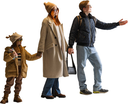 Stylish family standing together in casual winter outfits on transparent background. Concept of lifestyle visuals, family fashion advertising, and warm-tone tourism materials