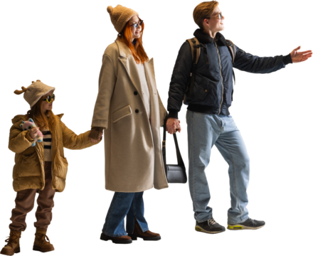 Stylish family standing together in casual winter outfits on transparent background. Concept of lifestyle visuals, family fashion advertising, and warm-tone tourism materials
