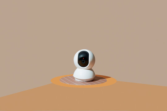 Small surveillance camera on geometric circle in warm indoor light