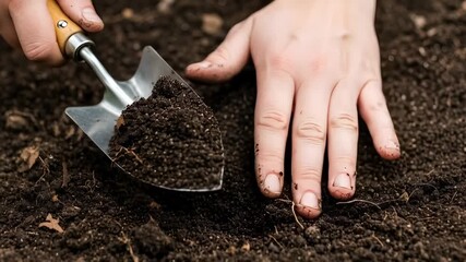 Gardening hands dig into fertile soil, planting seeds for new growth and vibrant blooms