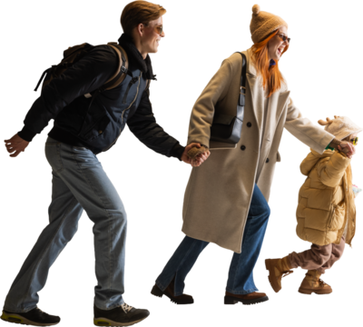 Happy family walking hand in hand in winter casual clothing on transparent background. Concept of lifestyle movement visuals, tourism promotions, and family advertising