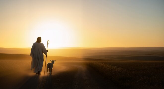 Silhouette of the Good Shepherd guiding a sheep with a staff into golden light