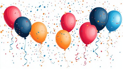 happy birthday banner design, bright color typography with balloons and streamers, flat vector graphic