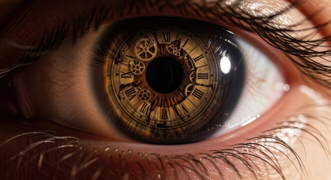 Close up of an eye reflecting a vintage clock face