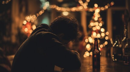 lonely man sitting in dimly lit bar during christmas night mood