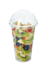 Tasty fruit salad in plastic cup isolated on white. Healthy snack