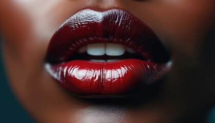 Close-up of full glossy dark red lips with perfect white teeth, showcasing bold makeup and smooth skin texture. Image focuses on sensual pout and shine of mouth, with dark blurred background.